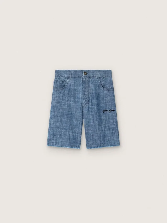 Journey Unisex-Shorts aus hellblauem Baumwoll-Chambray mit gesticktem Logo