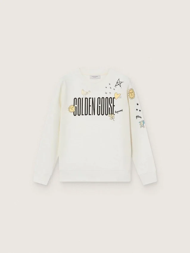 Journey Unisex-Sweatshirt aus weisser Baumwollmischung mit Doodle-Print