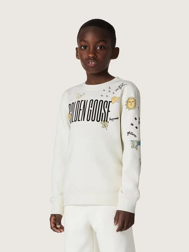 Journey Unisex-Sweatshirt aus weisser Baumwollmischung mit Doodle-Print