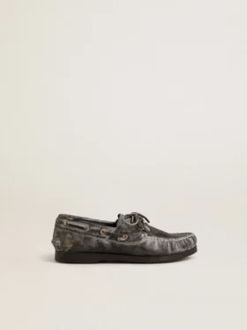 Junior-Cruise-Loafer aus schwarzem Leder im Distressed-Look