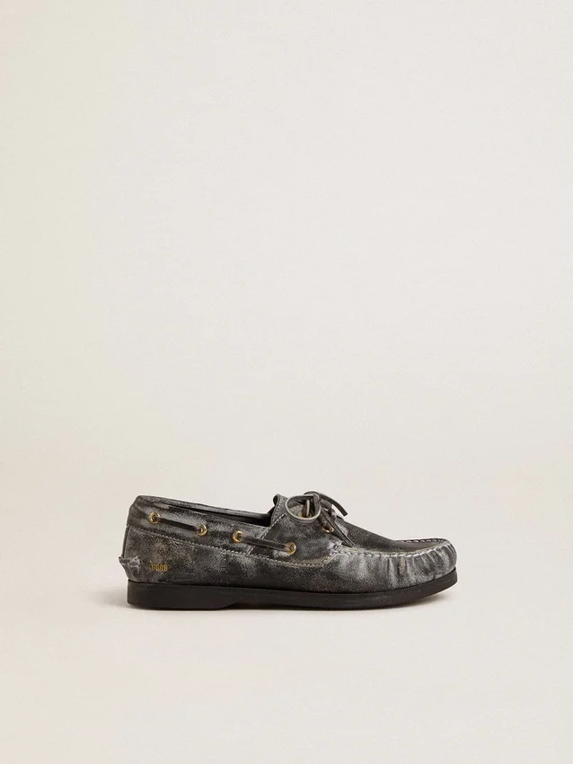Junior-Cruise-Loafer aus schwarzem Leder im Distressed-Look