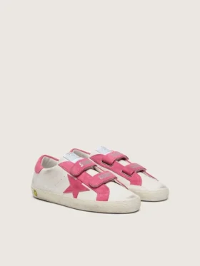 Junior Old School aus cremefarbenem Leder mit rosa Wildlederstern und Einsätzen
