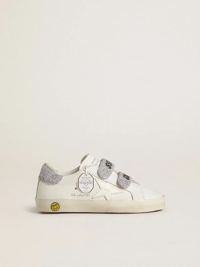 Junior Old School mit silberner Fersenlasche und Riemen aus Swarovski-Kristallen