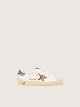 Junior Super-Star mit goldenem Glitzerstern und silberner Metallic-Lederlasche am Absatz