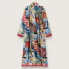Kaftan-Kleid für Damen aus ecrufarbenem Baumwollvoile mit mehrfarbigem Print