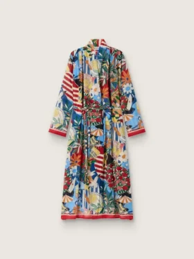 Kaftan-Kleid für Damen aus ecrufarbenem Baumwollvoile mit mehrfarbigem Print