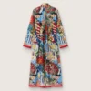 Kaftan-Kleid für Damen aus ecrufarbenem Baumwollvoile mit mehrfarbigem Print