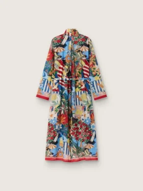 Kaftan-Kleid für Damen aus ecrufarbenem Baumwollvoile mit mehrfarbigem Print