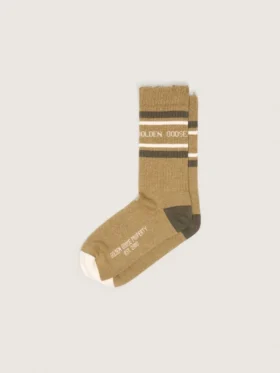 Khaki-farbene Socken mit Used-Look-Details und dunkelgrünen sowie weissen Streifen