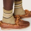 Khaki-farbene Socken mit Used-Look-Details und dunkelgrünen sowie weissen Streifen