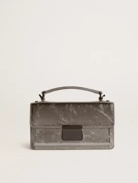 Kleine Venezia-Tasche aus anthrazitgrauem Metallic-Leder mit schwarzen Details