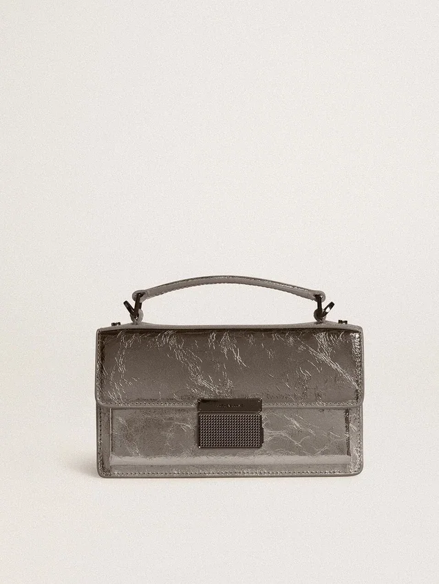Kleine Venezia-Tasche aus anthrazitgrauem Metallic-Leder mit schwarzen Details