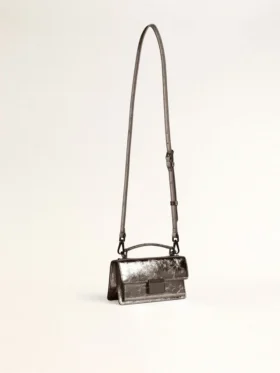 Kleine Venezia-Tasche aus anthrazitgrauem Metallic-Leder mit schwarzen Details