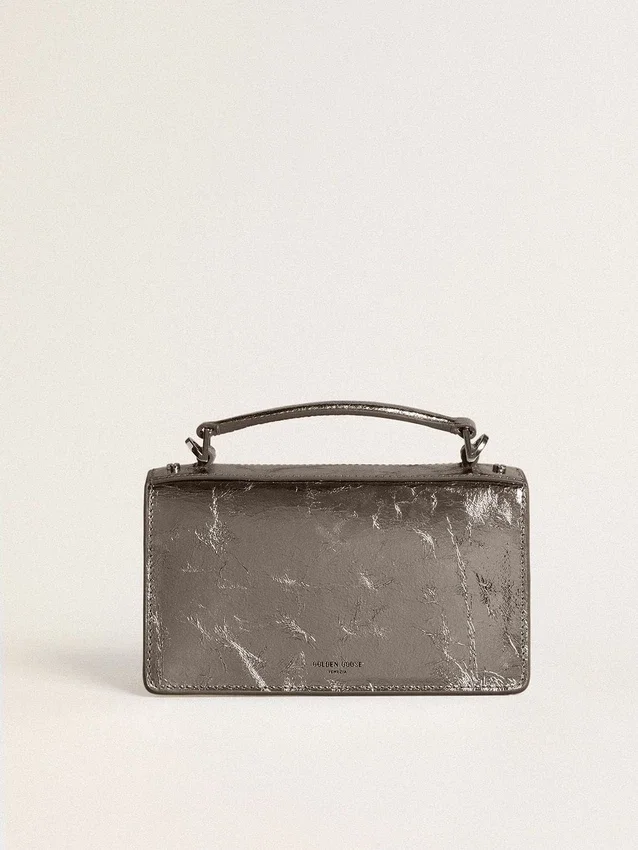 Kleine Venezia-Tasche aus anthrazitgrauem Metallic-Leder mit schwarzen Details