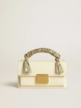 Kleine Venezia-Tasche aus butterfarbenem, geripptem Leder mit geflochtenem Band