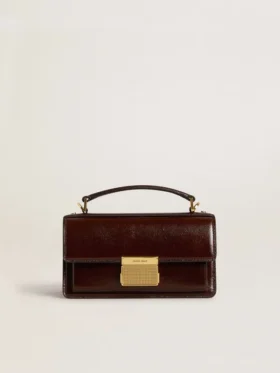 Kleine Venezia-Tasche aus dunkelbraunem, laminiertem Leder mit goldenen Details