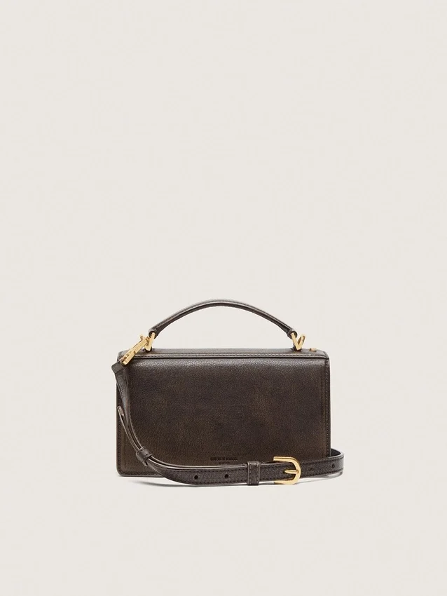 Kleine Venezia-Tasche aus dunkelbraunem Leder mit goldener Schnalle