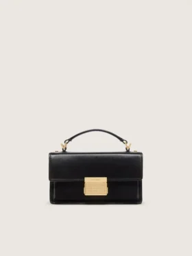 Kleine Venezia-Tasche aus schwarzem, geprägtem Leder mit goldenen Details