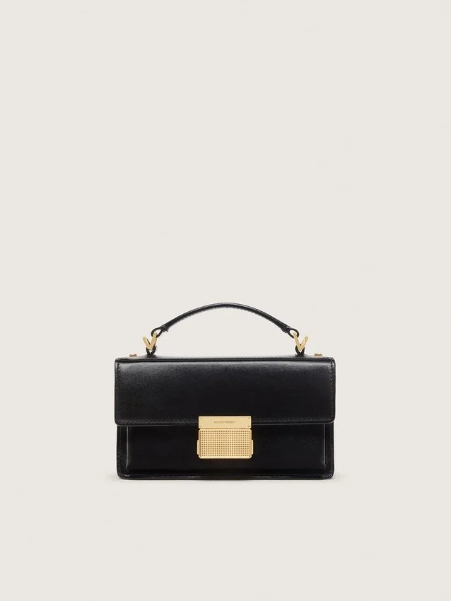 Kleine Venezia-Tasche aus schwarzem, geprägtem Leder mit goldenen Details