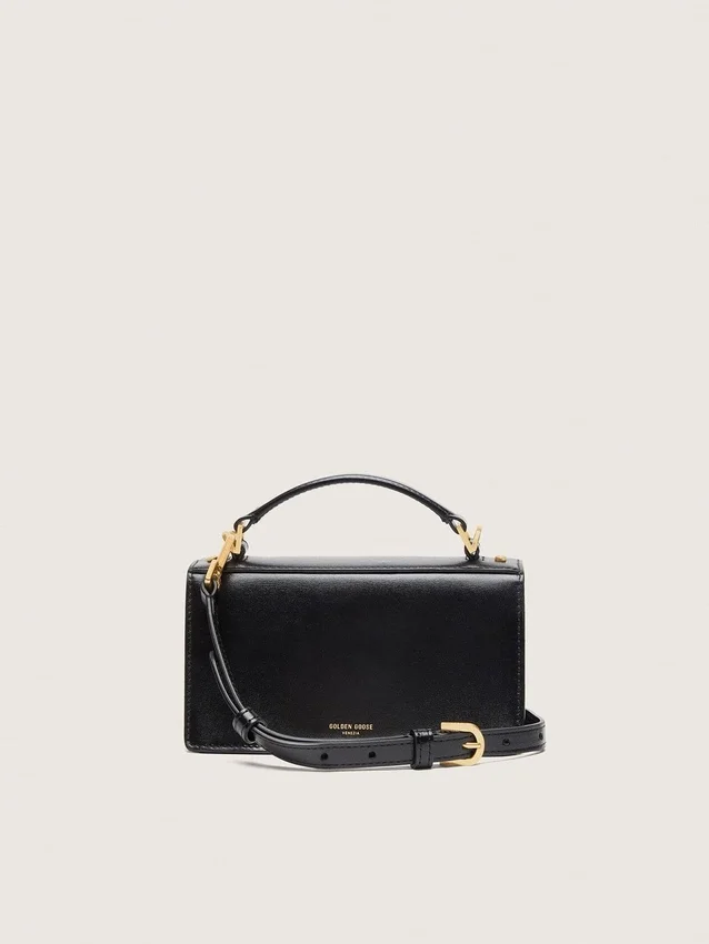 Kleine Venezia-Tasche aus schwarzem, geprägtem Leder mit goldenen Details