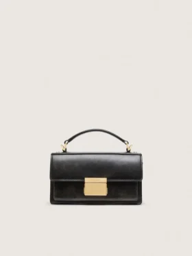 Kleine Venezia-Tasche aus schwarzem Leder im Used-Look mit goldenen Details