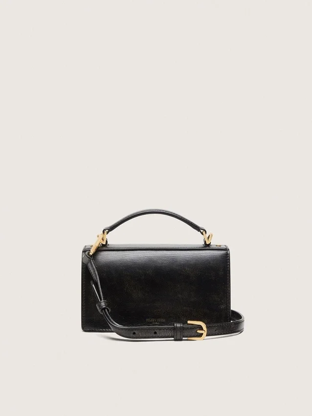 Kleine Venezia-Tasche aus schwarzem Leder im Used-Look mit goldenen Details