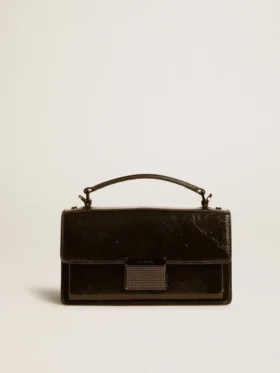 Kleine Venezia-Tasche aus schwarzem Metallic-Leder mit schwarzen Details