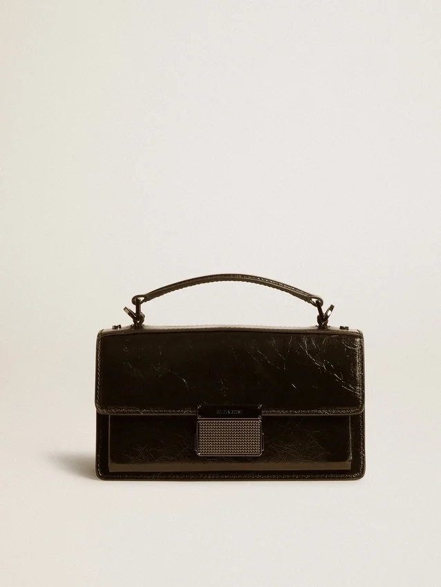 Kleine Venezia-Tasche aus schwarzem Metallic-Leder mit schwarzen Details