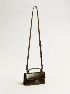 Kleine Venezia-Tasche aus schwarzem Metallic-Leder mit schwarzen Details