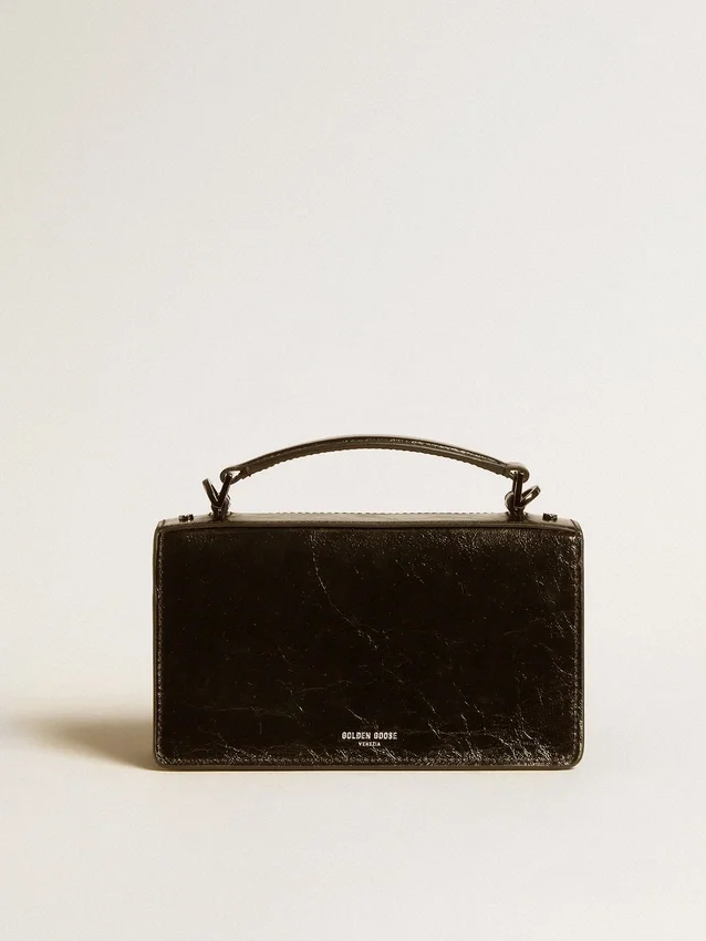 Kleine Venezia-Tasche aus schwarzem Metallic-Leder mit schwarzen Details