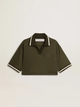 Kropptes Damen-Polo aus militärgrünem Jersey mit Stickerei