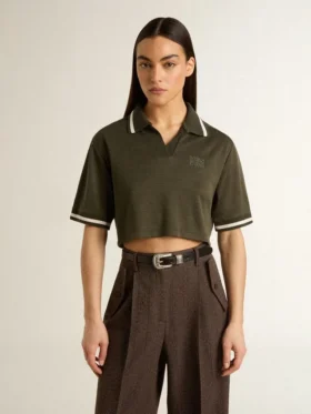 Kropptes Damen-Polo aus militärgrünem Jersey mit Stickerei