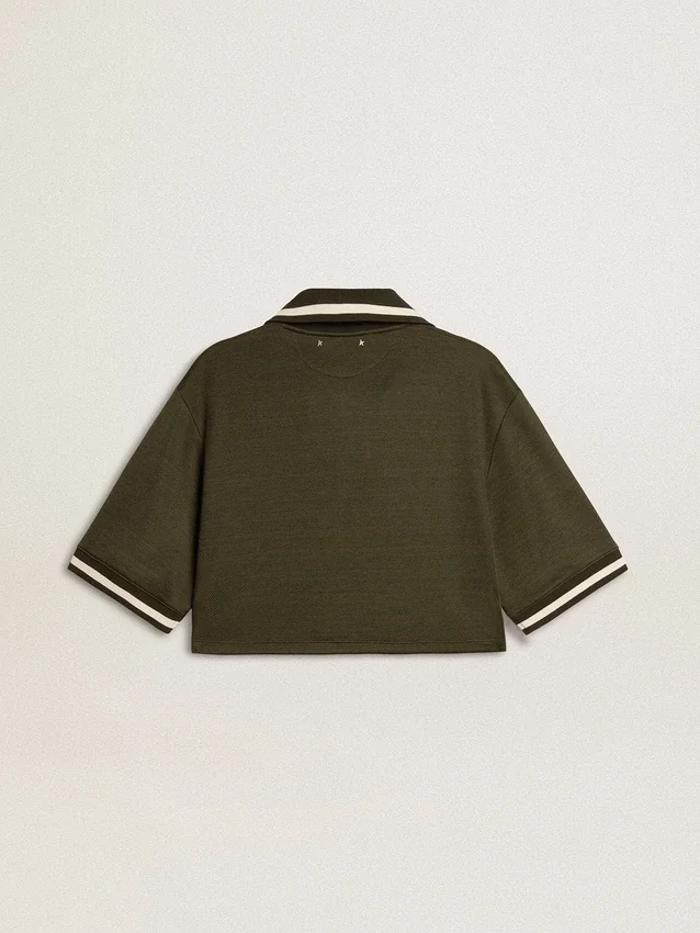 Kropptes Damen-Polo aus militärgrünem Jersey mit Stickerei