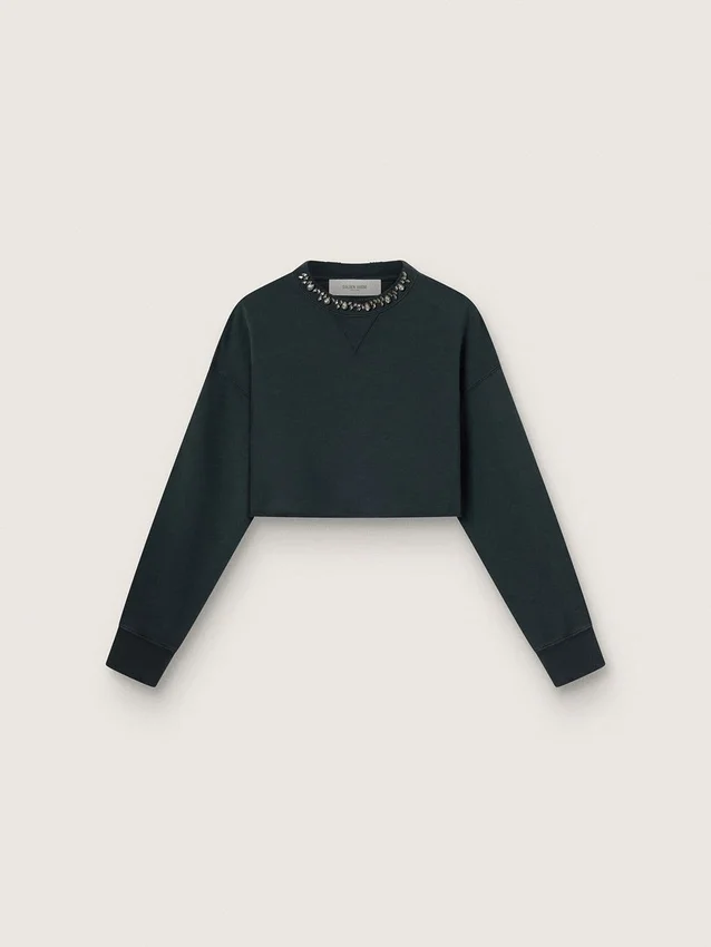 Kürzliches Damen-Sweatshirt aus Baumwolle mit Kristallen auf der Vorderseite