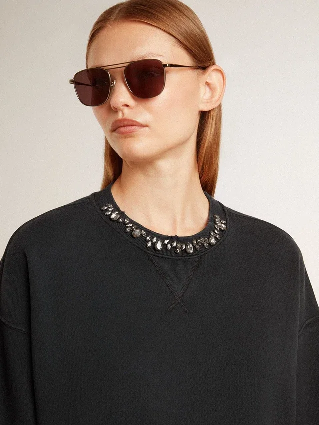 Kürzliches Damen-Sweatshirt aus Baumwolle mit Kristallen auf der Vorderseite