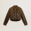 Kurze braune Leder-Bikerjacke für Damen mit Reissverschluss