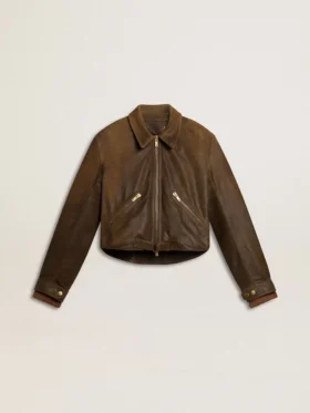 Kurze braune Leder-Bikerjacke für Damen mit Reissverschluss