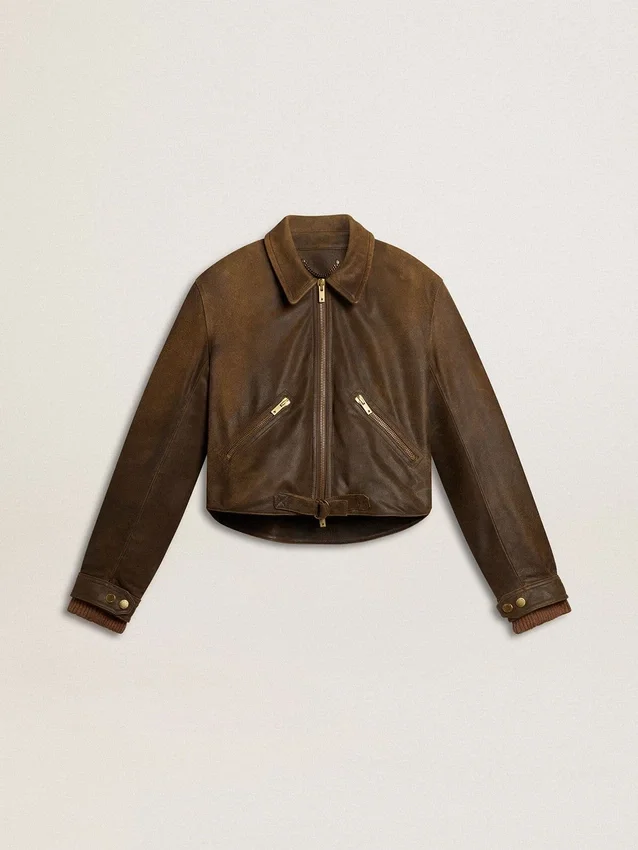 Kurze braune Leder-Bikerjacke für Damen mit Reissverschluss