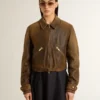 Kurze braune Leder-Bikerjacke für Damen mit Reissverschluss