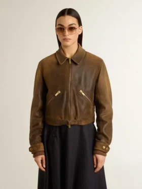 Kurze braune Leder-Bikerjacke für Damen mit Reissverschluss