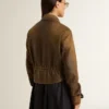 Kurze braune Leder-Bikerjacke für Damen mit Reissverschluss