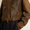 Kurze braune Leder-Bikerjacke für Damen mit Reissverschluss