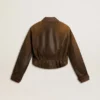 Kurze braune Leder-Bikerjacke für Damen mit Reissverschluss