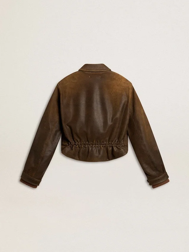 Kurze braune Leder-Bikerjacke für Damen mit Reissverschluss