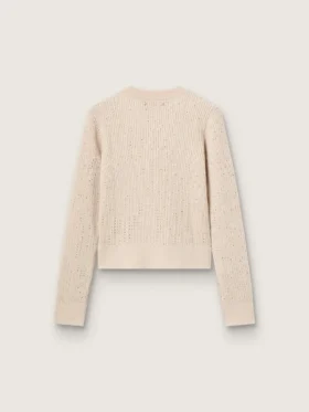 Kurzer Pulli mit Rundhalsausschnitt aus beiger Wolle mit durchgehenden Kristallen