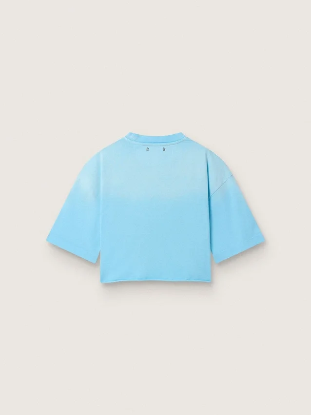 Kurzes Damen-Hemd aus hellblauem Baumwolljersey mit grafischem Print