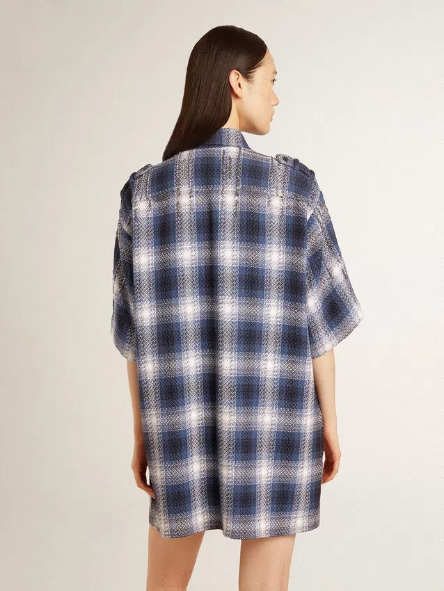 Kurzes Hemdkleid für Damen mit 3D-Schachbrettmuster und Stickerei