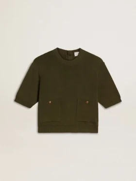Kurzärmeliger Damenpullover aus militärgrüner Baumwolle
