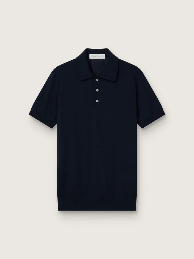 Kurzärmeliges Herren-Polohemd aus marineblauer Merinowolle