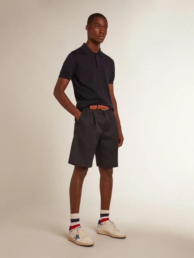 Kurzärmeliges Herren-Polohemd aus marineblauer Merinowolle